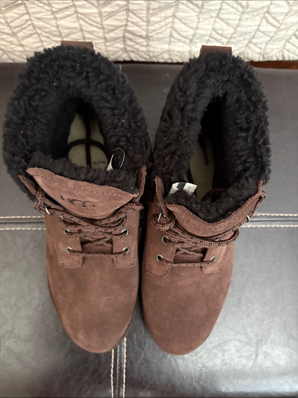 UGG women’s Chocolate Brown Suede Lace-Up Ankle Boots with Shearling Cuff - Picture 3 of 5